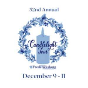 52nd annual candlelight tour logo - blue candle with wreath circling around candle